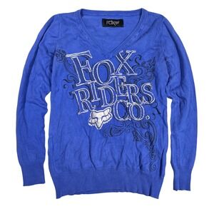 Fox Racing Riders Co Blue V-Neck Graphic Cotton Sweater Womens Medium Outdoors